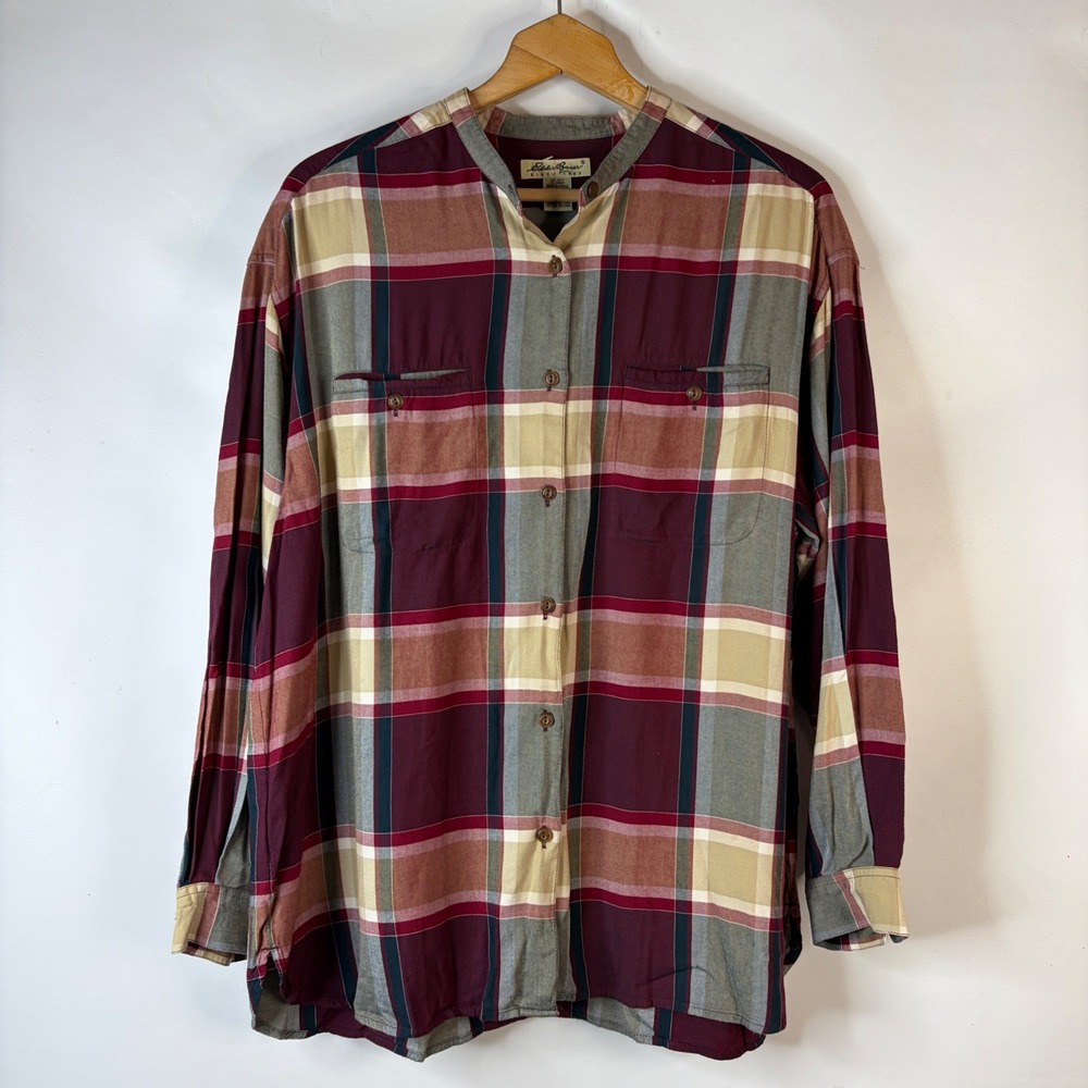 Eddie Bauer Plaid Shirt Women XL Burgundy Tan Band Collar Rayon Long Sleeve - Picture 1 of 7